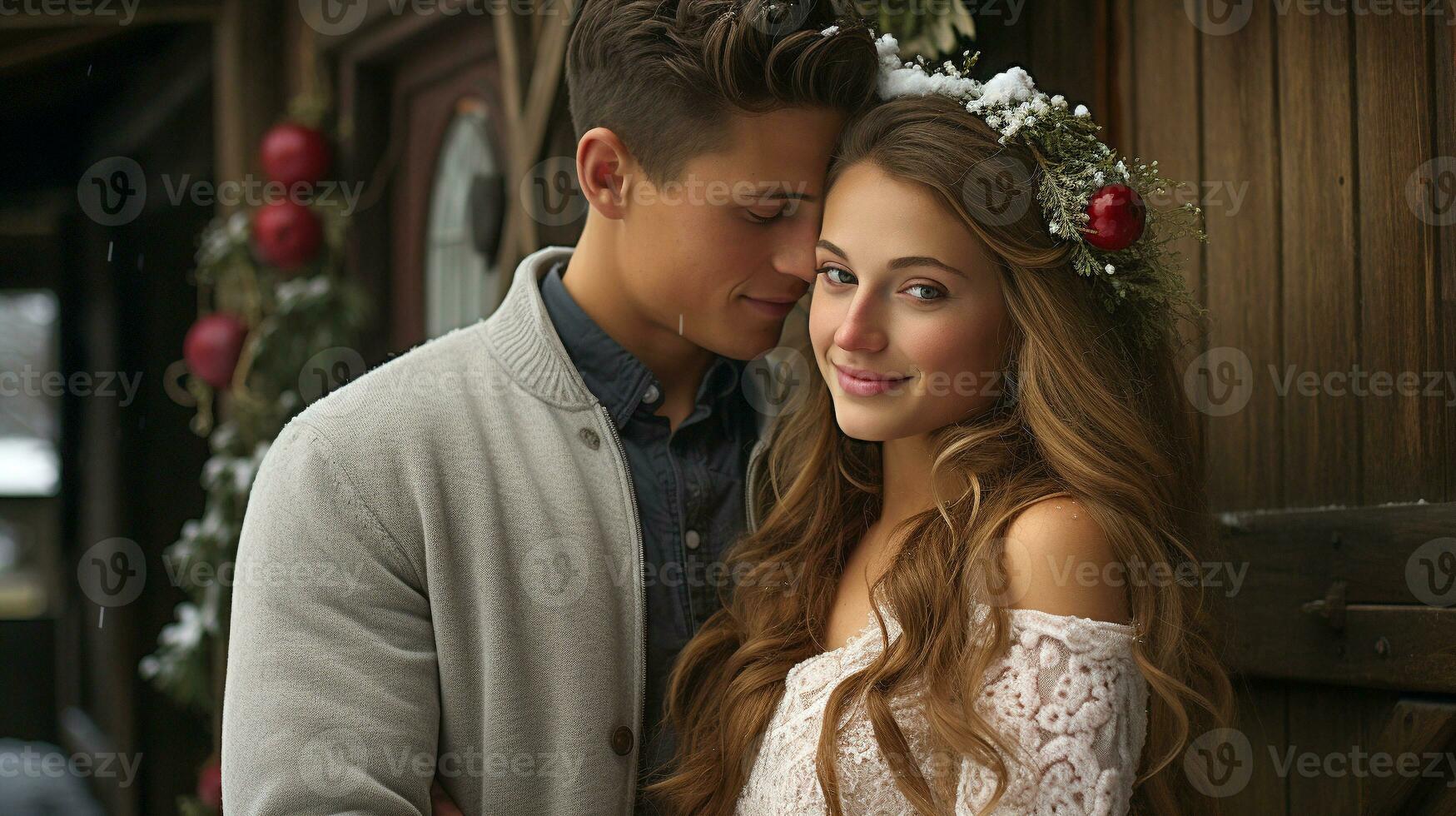 joven romántico Pareja abrazando cerca un Navidad fiesta decorado cabina. ai generativo. foto