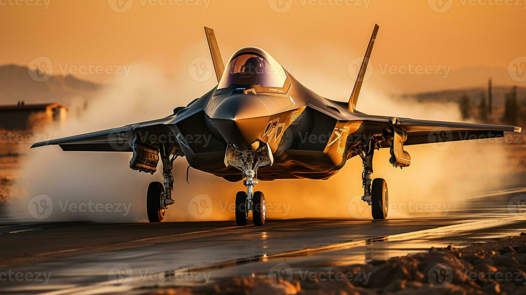 A Lockheed Martin F 35 Fighter Jet takes off of a runway. Generative AI. photo