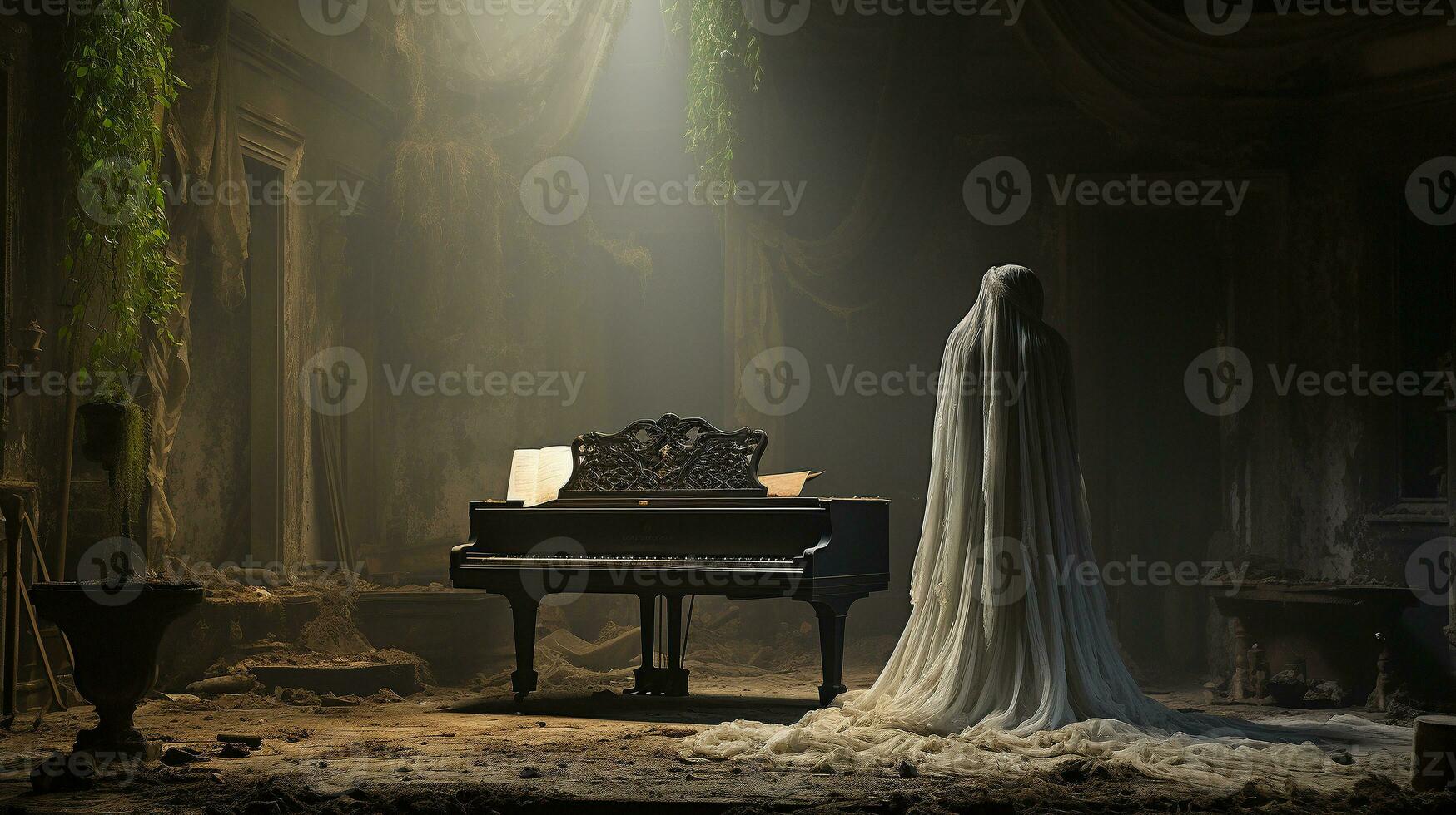 Mysterious and spooky female figure covered in sheer garment standing next to an old dusty piano in an abandoned house - generative AI. photo