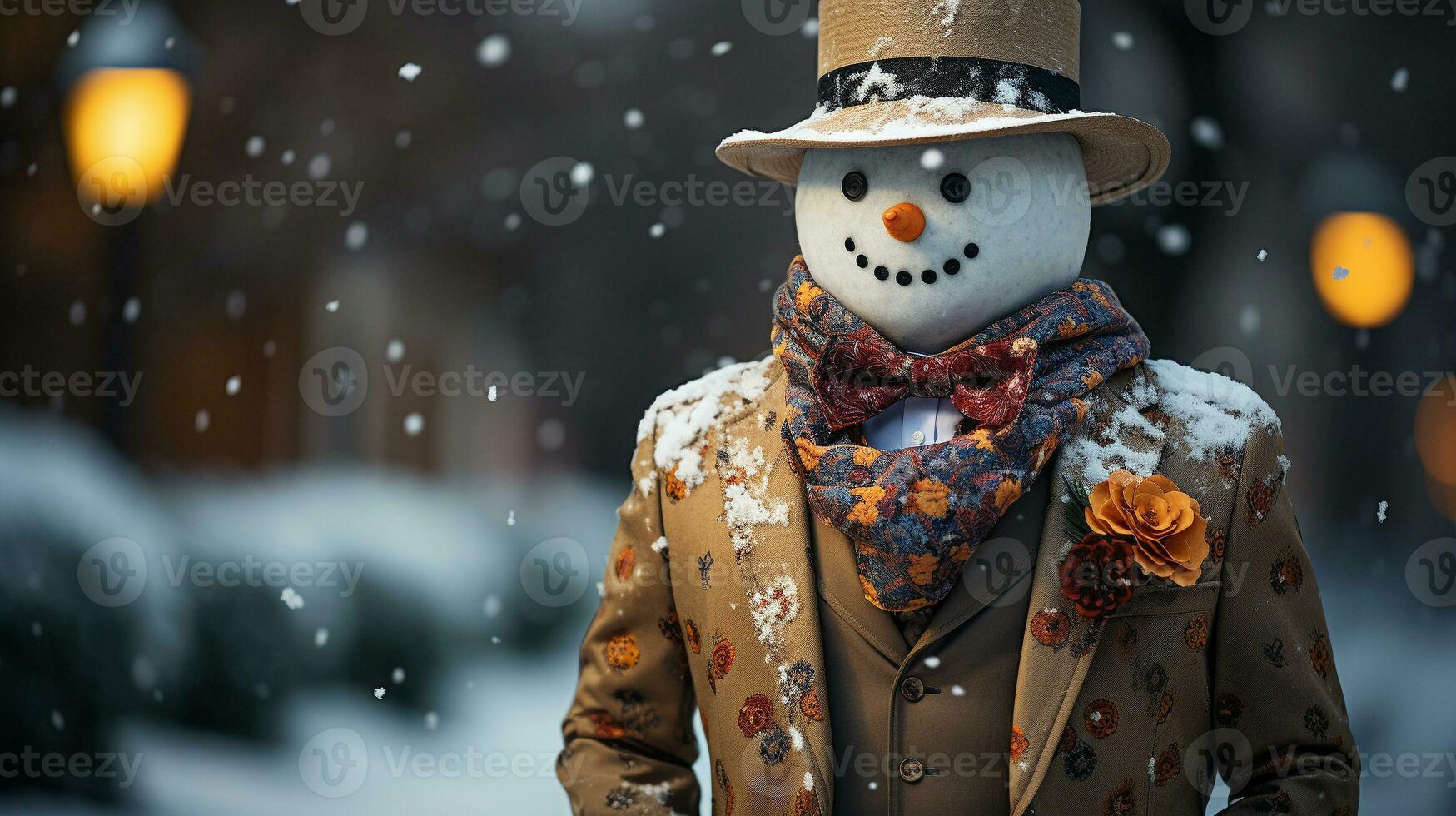 un alegre Navidad monigote de nieve con bufanda y sombrero en un invierno Nevado escena. ai generativo. foto
