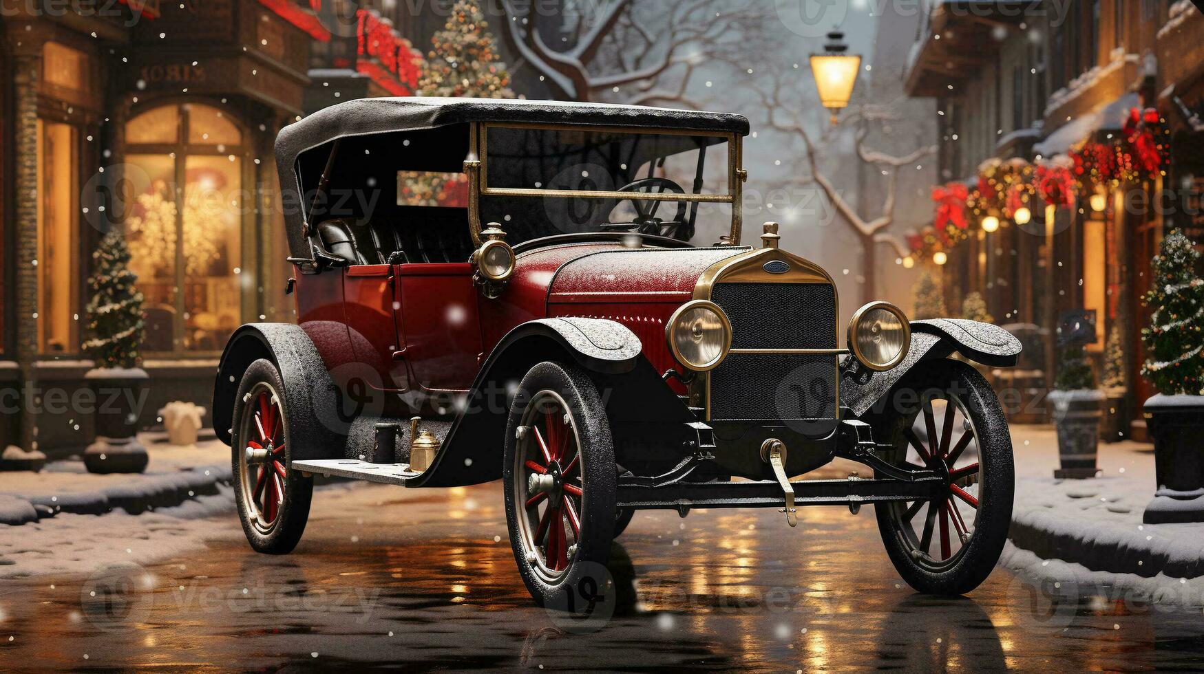 Classic Vintage Car Parked Outside The Festively Christmas Decorated Shops. Generative AI. photo