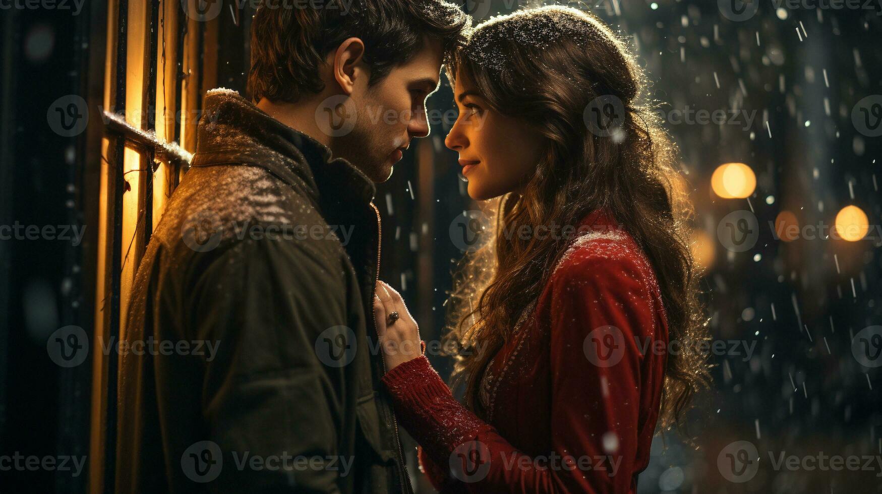 Young Romantic Couple Embracing Outdoors In Light Snow on a Winter Evening. AI Generative. photo