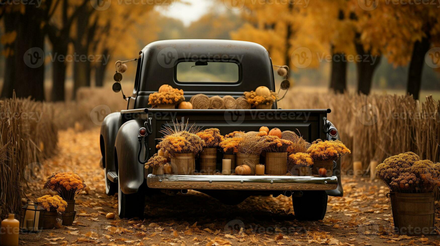 Vintage truck bed filled with fall themed decorations and pillows - generative AI. photo