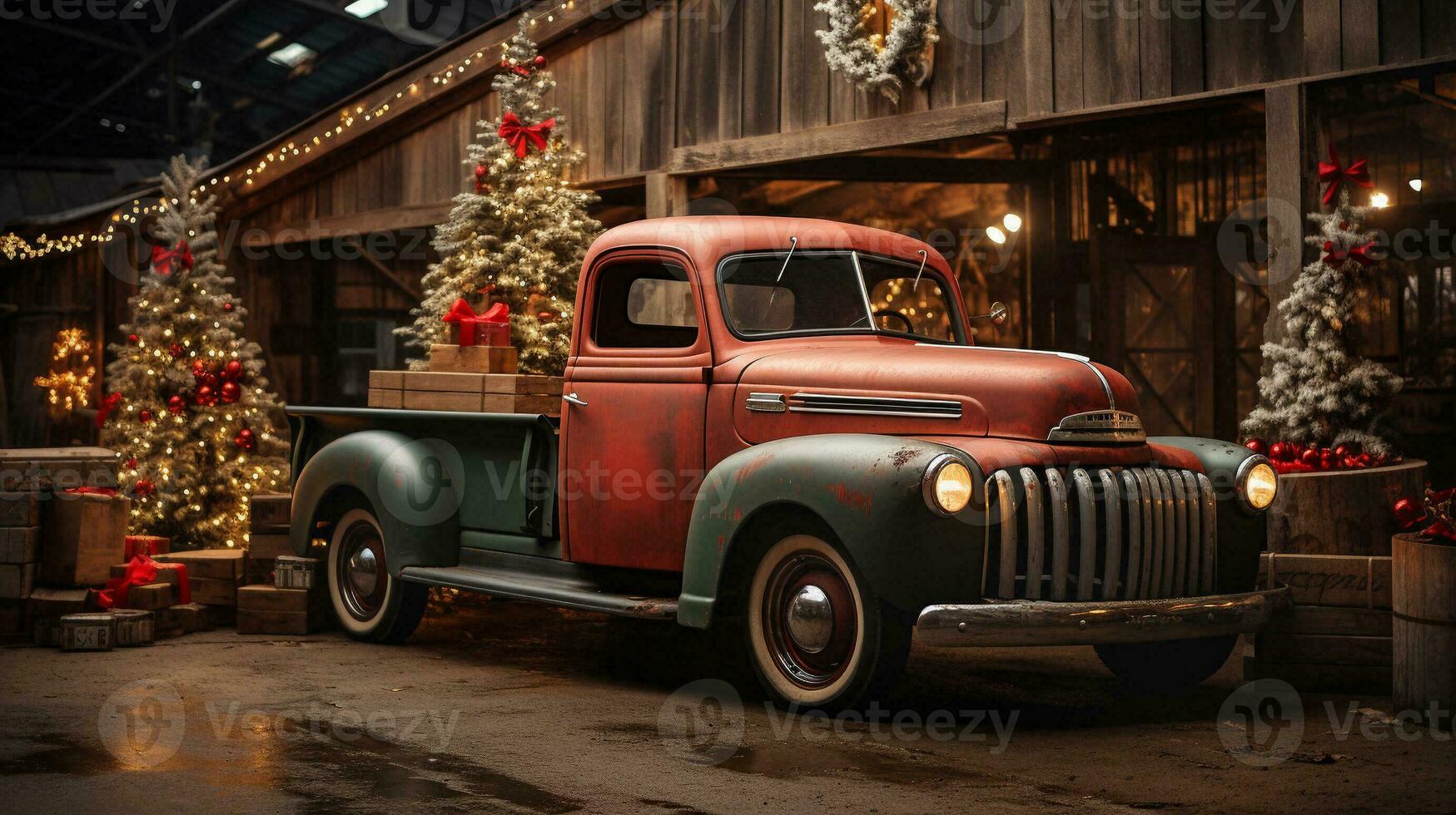 Vintage Pick-up Truck Carrying A Christmas Tree Parked Outside Festively Decorated Barn Shop. Generative AI. photo