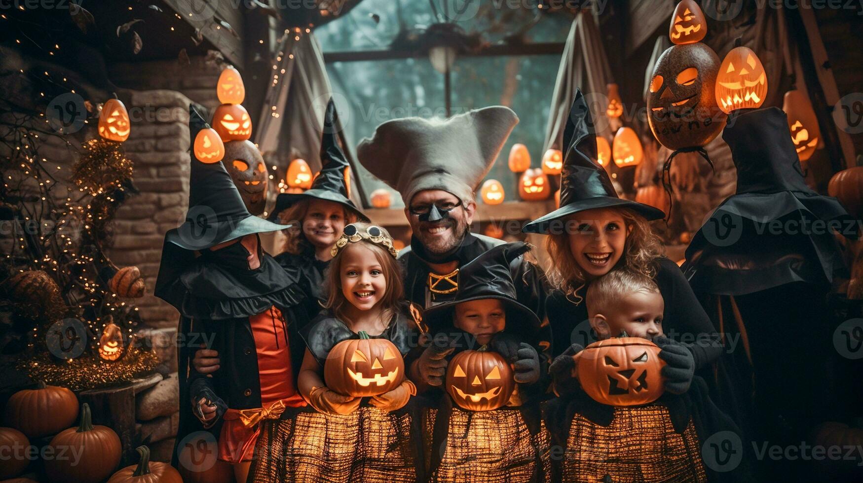 Fun family dressed up for Halloween together out in the decorated neighborhood - generative AI. photo