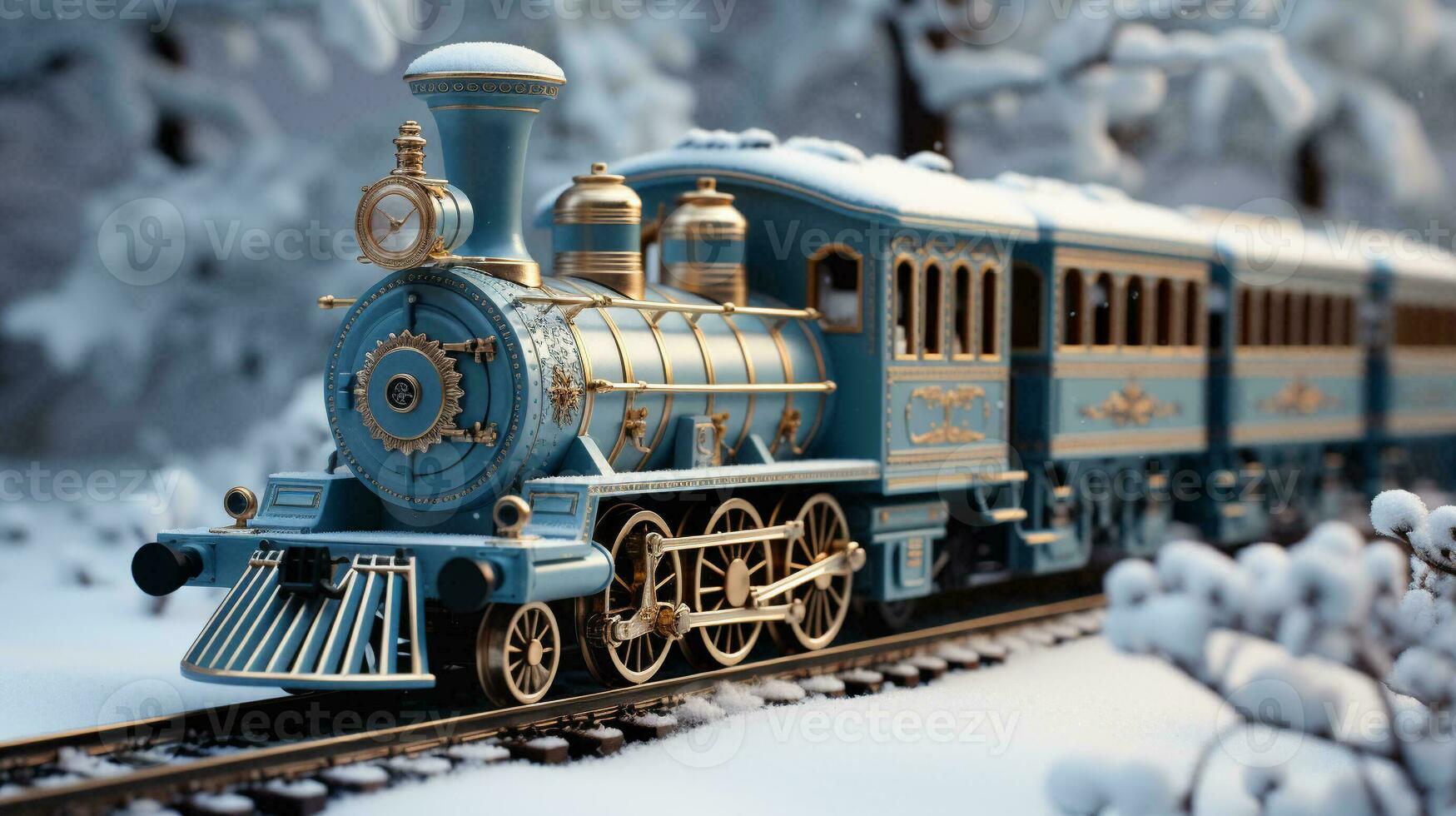 Miniature Locamotive Train Set In A Snowy Christmas Holiday Setting. Generative AI. photo