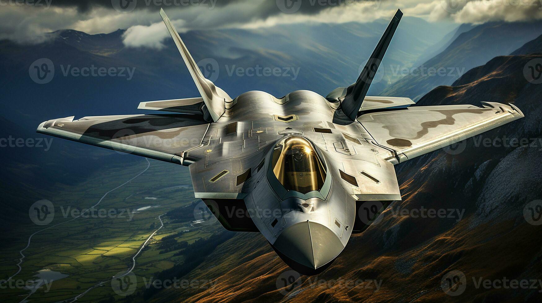 A Lockheed Martin F 35 Fighter Jet flying high in the air. Generative AI. photo