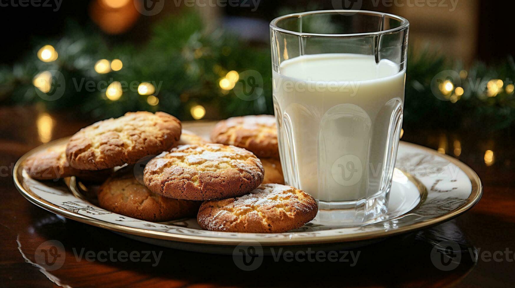 Sugar Cookies and Milk on a Small Plate Waiting for Santa Clause Amist the Decorations on Christmas Eve. Generative AI photo