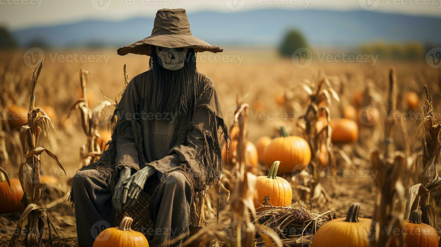 Scary ghostly Halloween scarecrow figure sitting amongst the country pumpkin patch - generative AI. photo