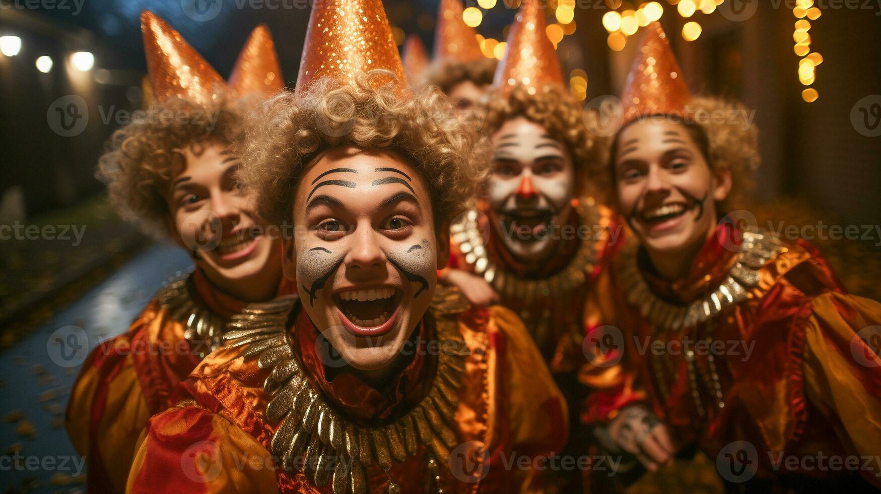 varios adolescentes vestido arriba como payasos para Víspera de Todos los Santos caminando abajo el acera juntos - generativo ai. foto