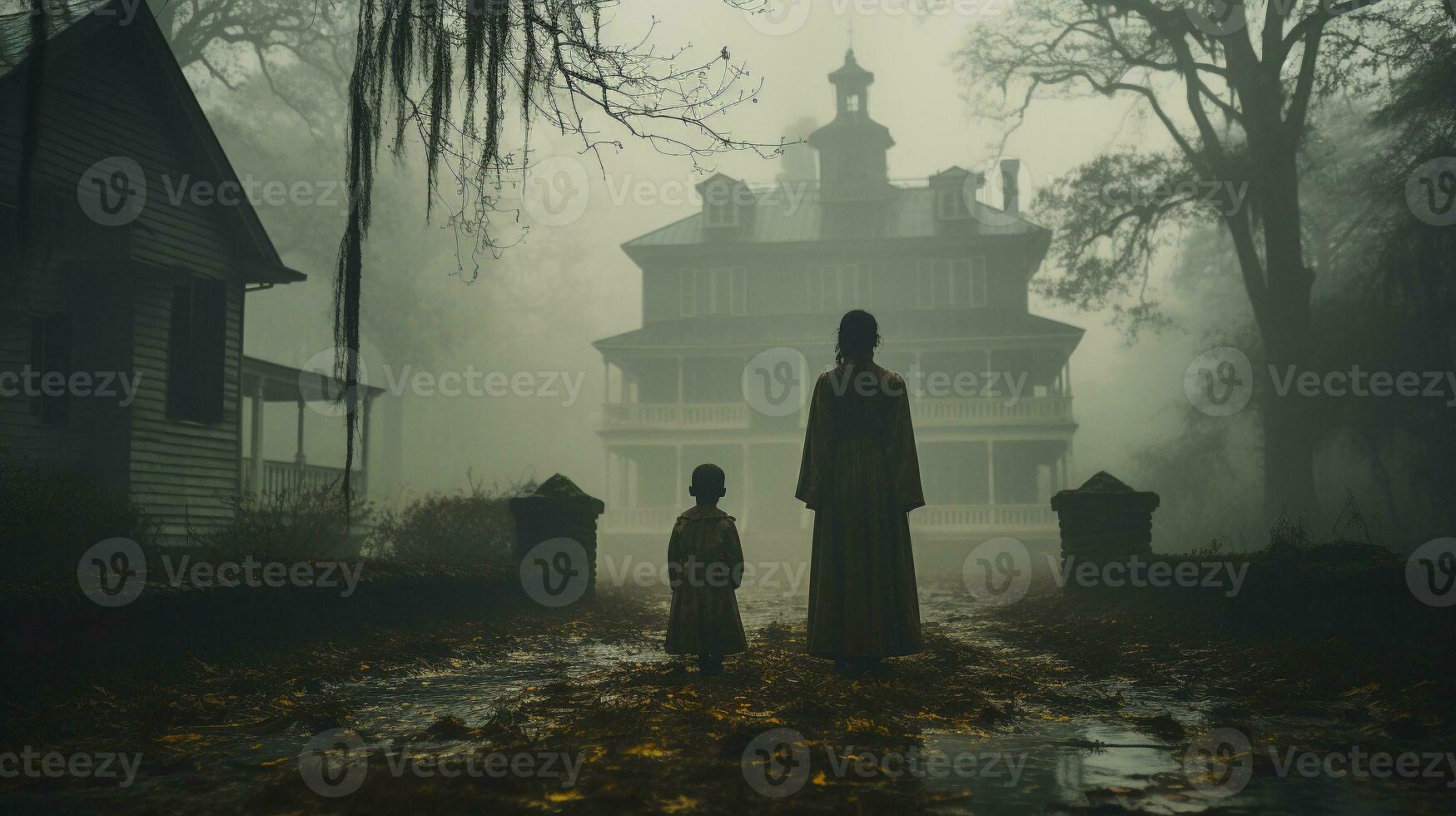 Eerie haunting ghostly silhouetted female and child figures walking in front of a foggy Southern Plantation antebellum mansion on Halloween night - generative AI. photo