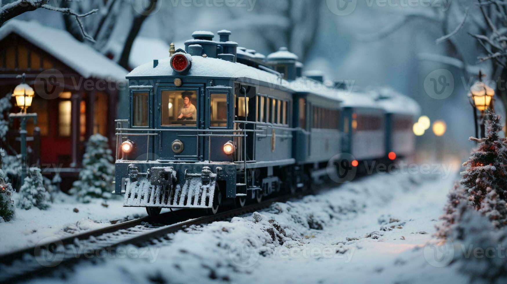 Model Miniature Troller Train Set and Snowy Christmas Decorated Town Setting. Generative AI. photo