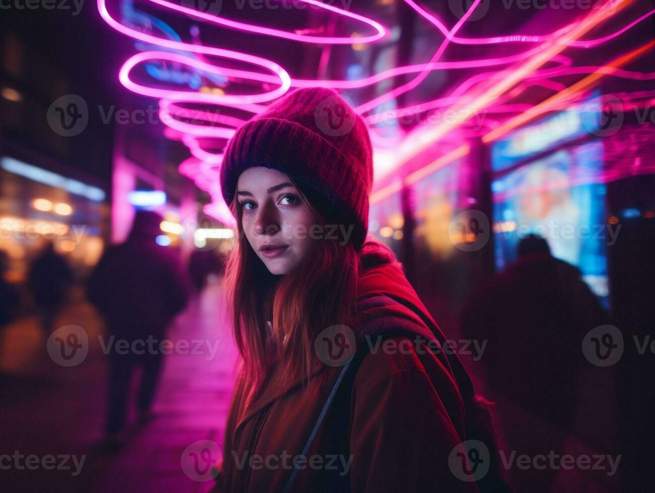 Woman walking confidently through the vibrant neon lit streets AI Generative photo