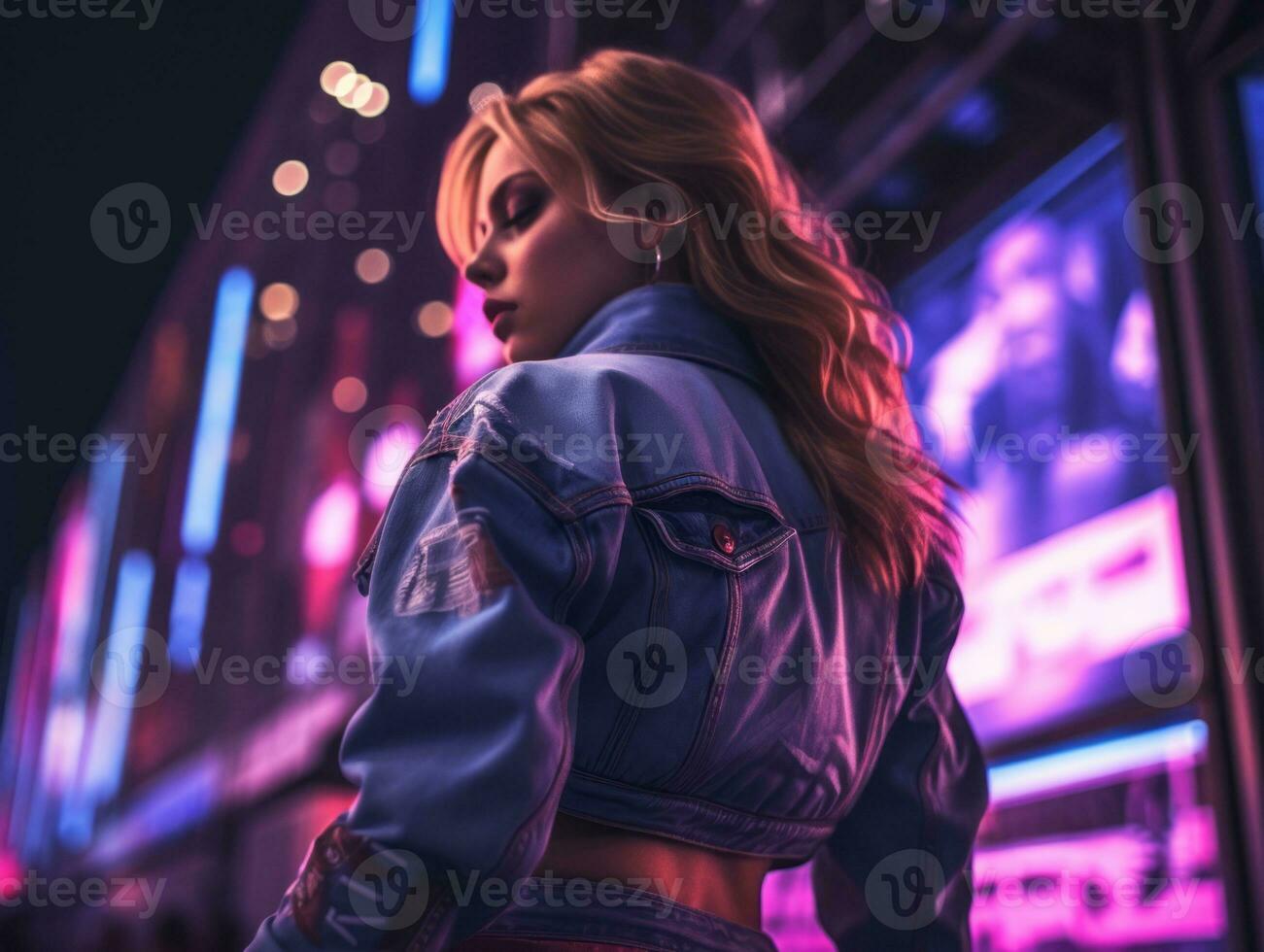 Woman walking confidently through the vibrant neon lit streets AI Generative photo
