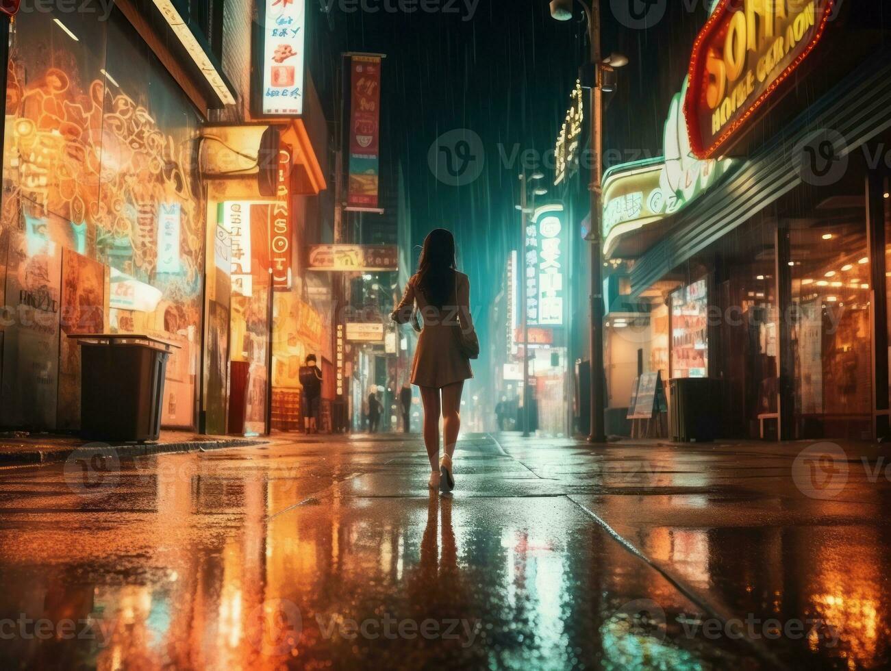 Woman walking confidently through the vibrant neon lit streets AI Generative photo