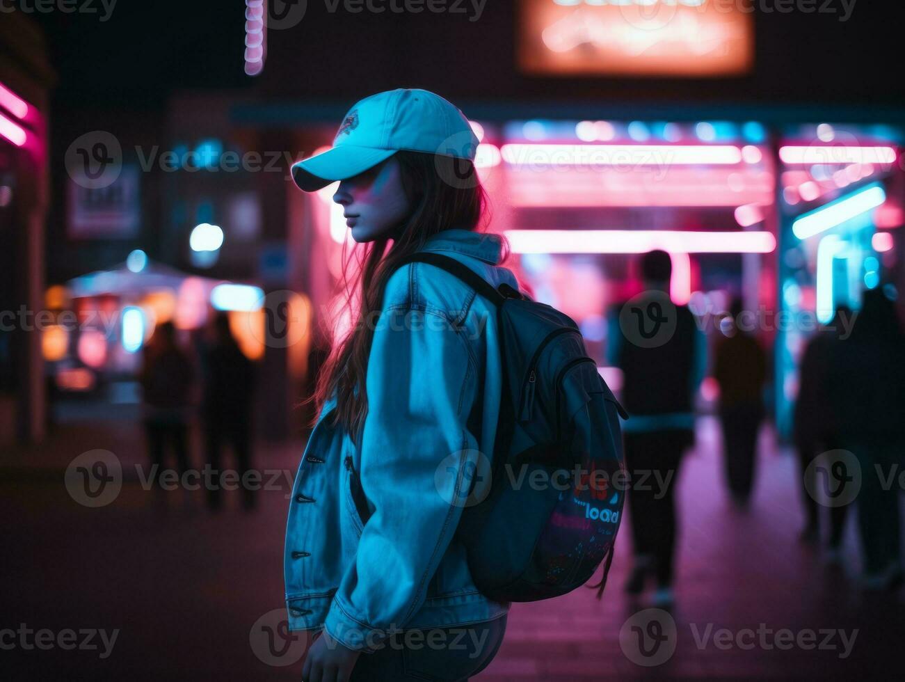 Woman walking confidently through the vibrant neon lit streets AI Generative photo