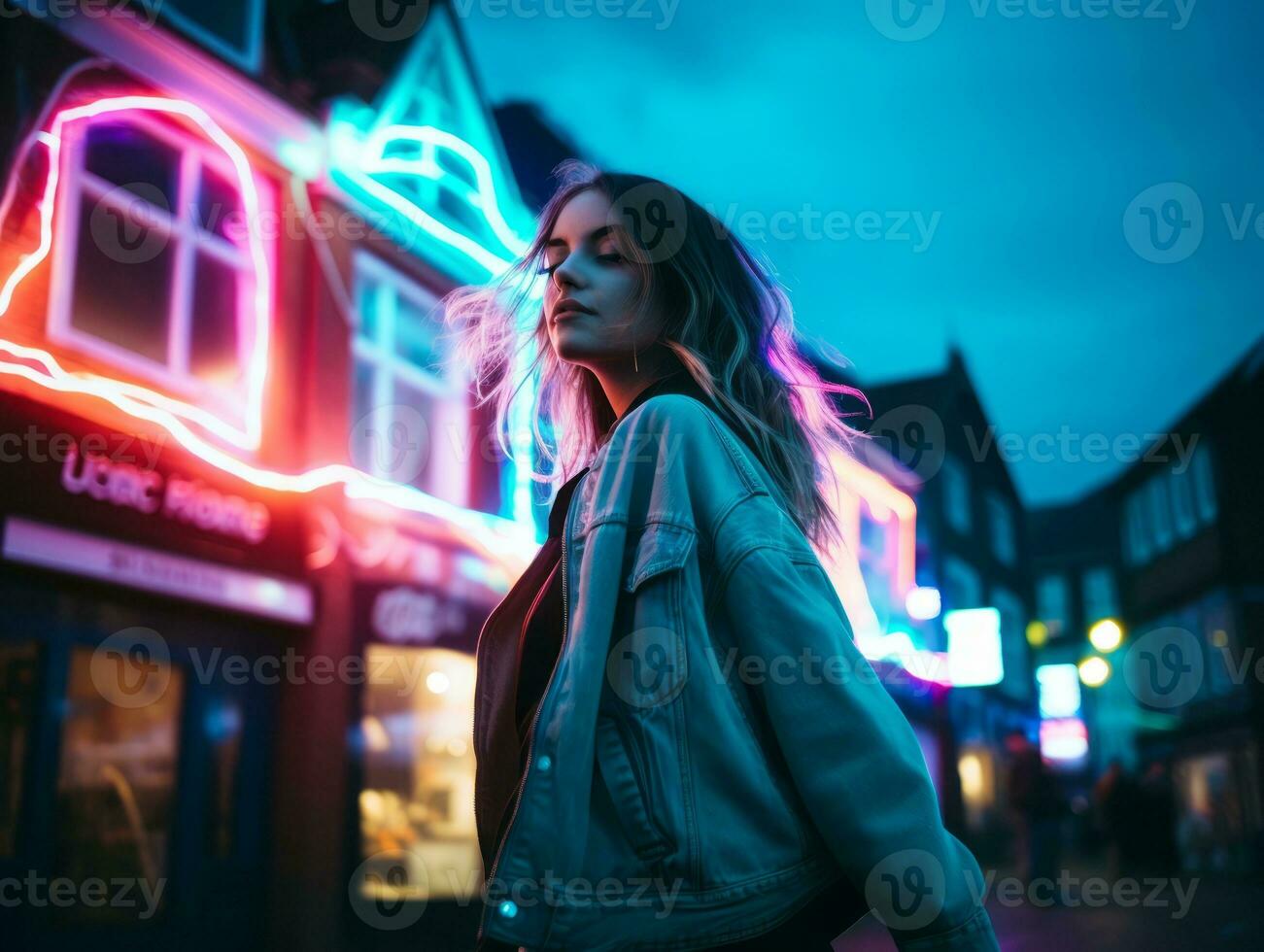 mujer caminando con confianza mediante el vibrante neón iluminado calles ai generativo foto