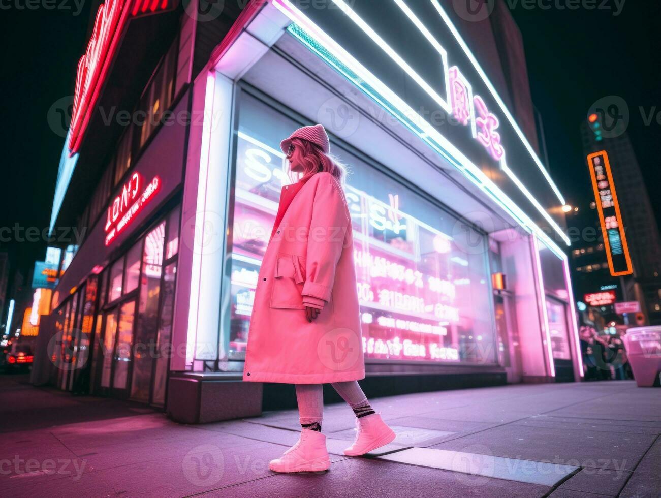 mujer caminando con confianza mediante el vibrante neón iluminado calles ai generativo foto