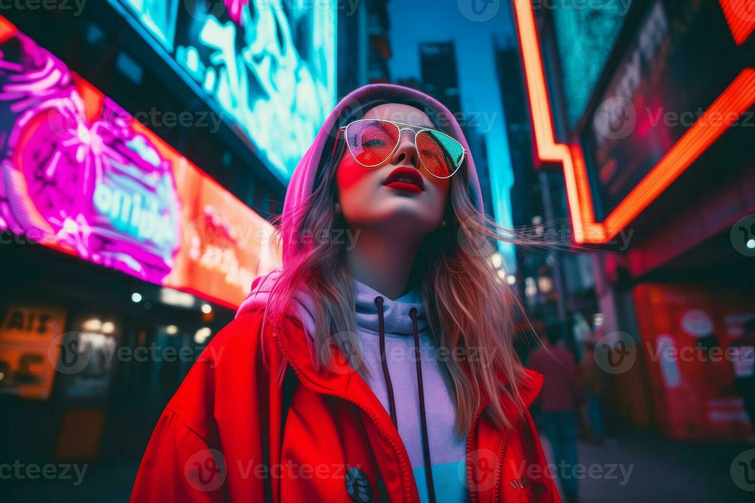 Woman walking confidently through the vibrant neon lit streets AI Generative photo