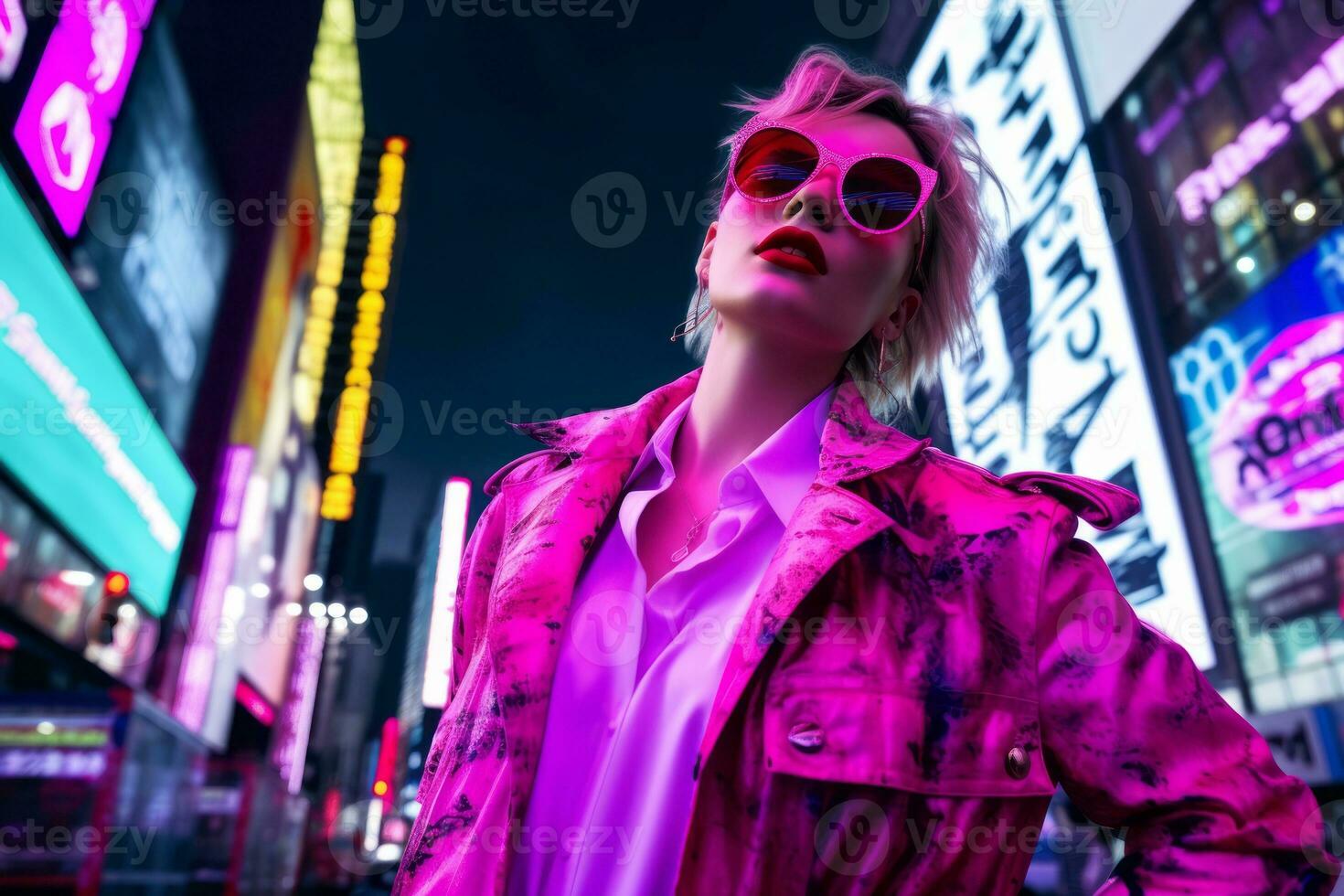 mujer caminando con confianza mediante el vibrante neón iluminado calles ai generativo foto