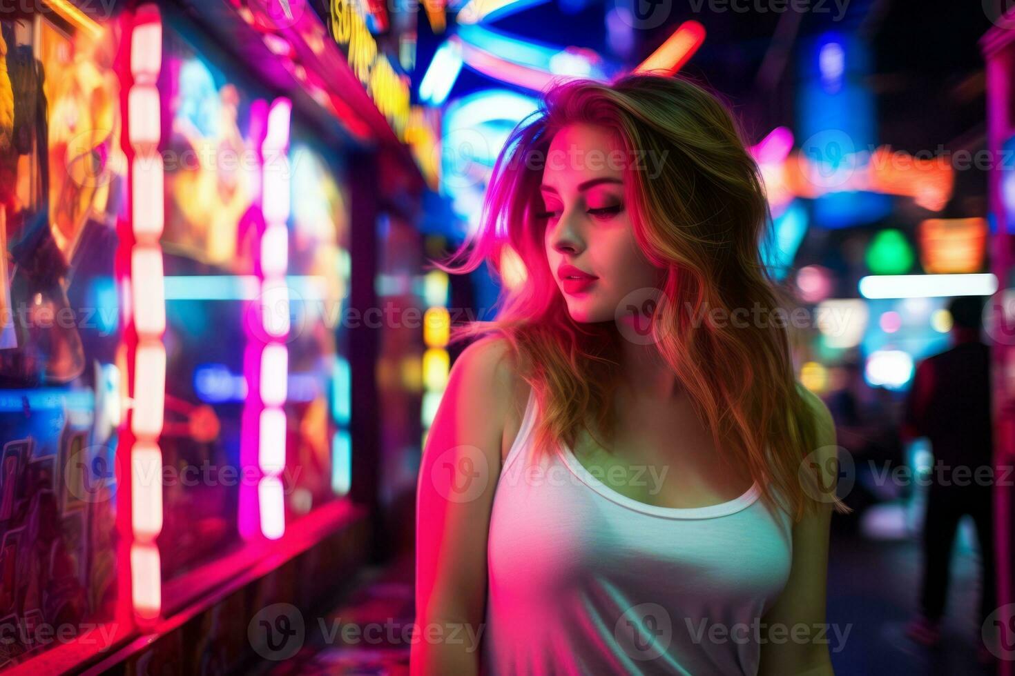 Woman walking confidently through the vibrant neon lit streets AI Generative photo