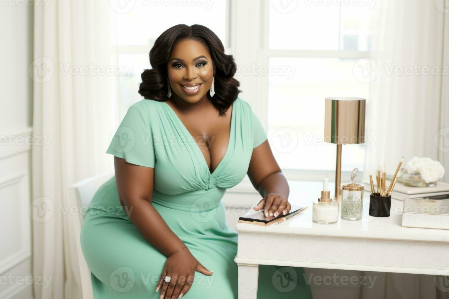 Successful plus-size entrepreneur at her desk AI Generative photo