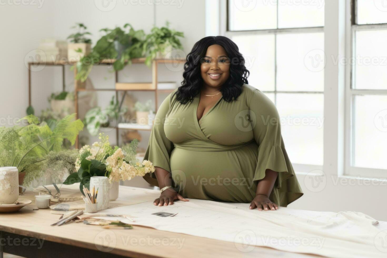 Successful plus-size entrepreneur at her desk AI Generative photo