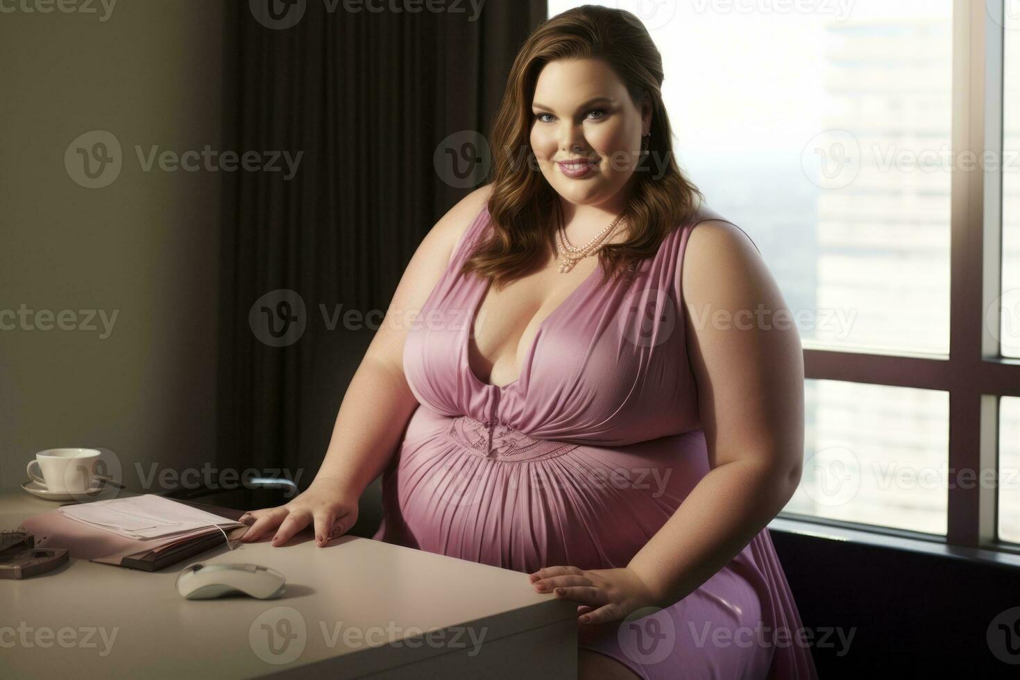 Successful plus-size entrepreneur at her desk AI Generative photo