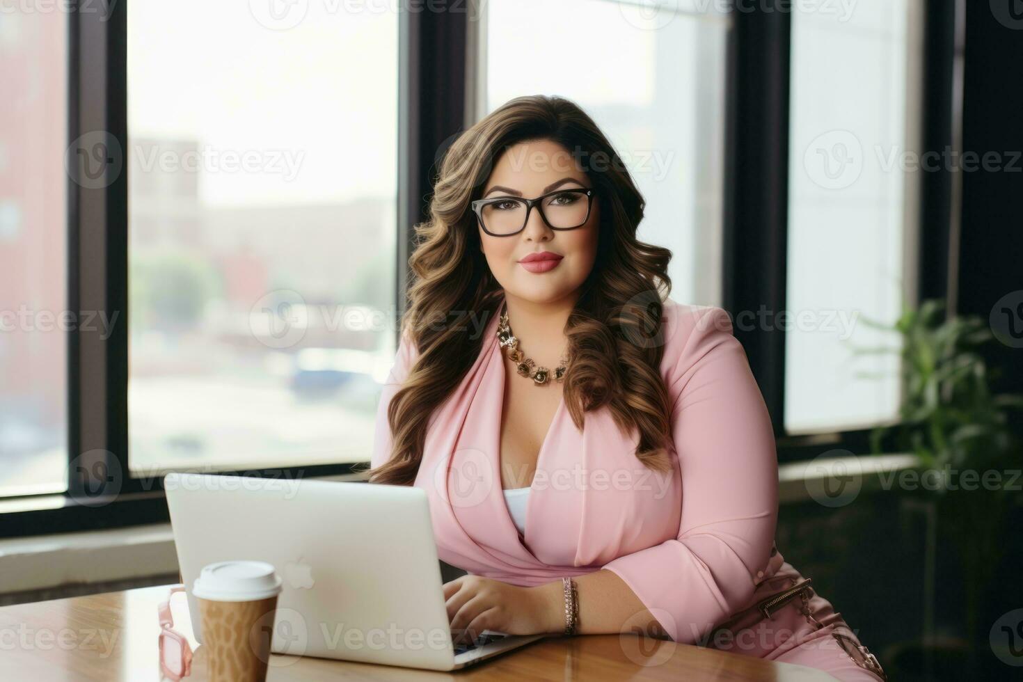 Successful plus-size entrepreneur at her desk AI Generative photo