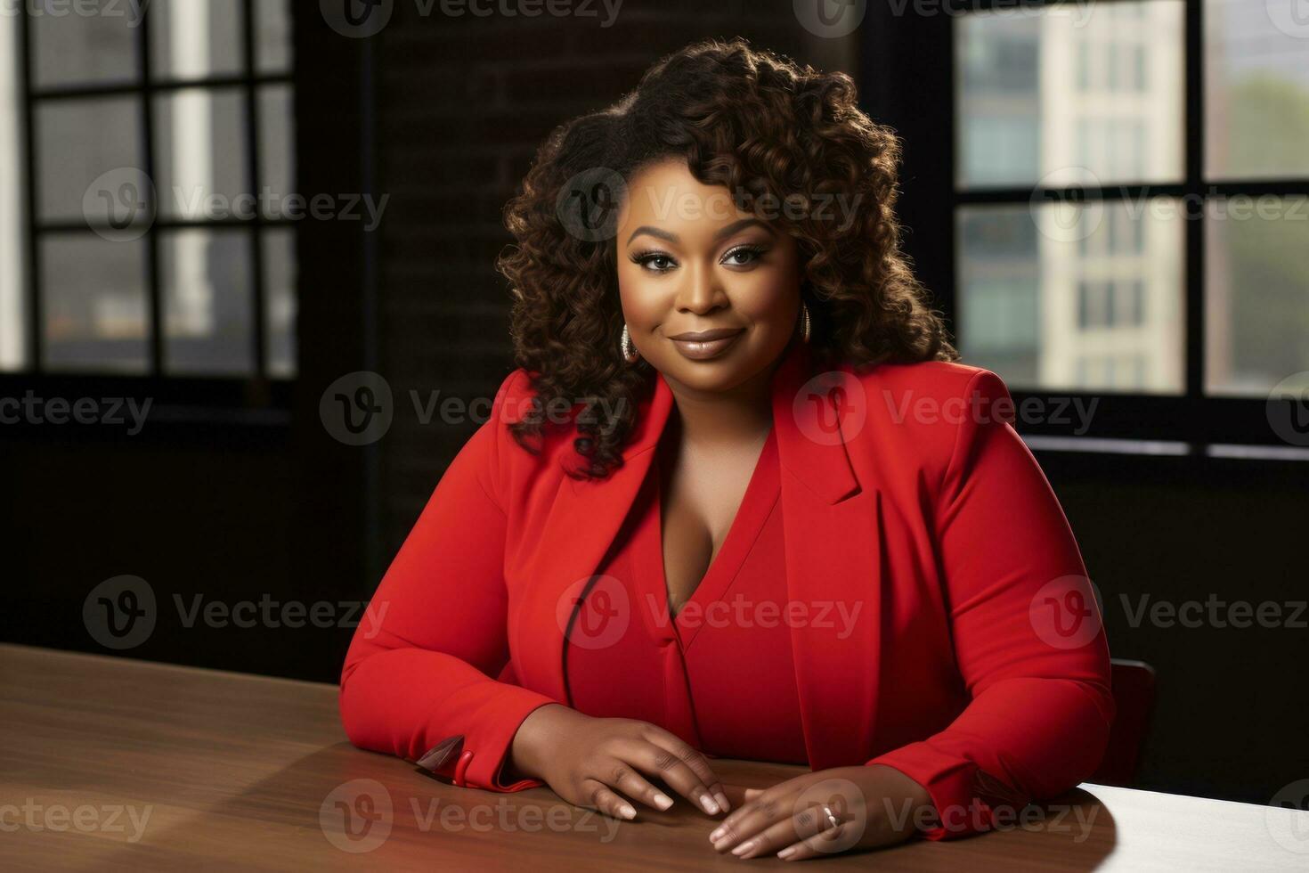 Successful plus-size entrepreneur at her desk AI Generative photo