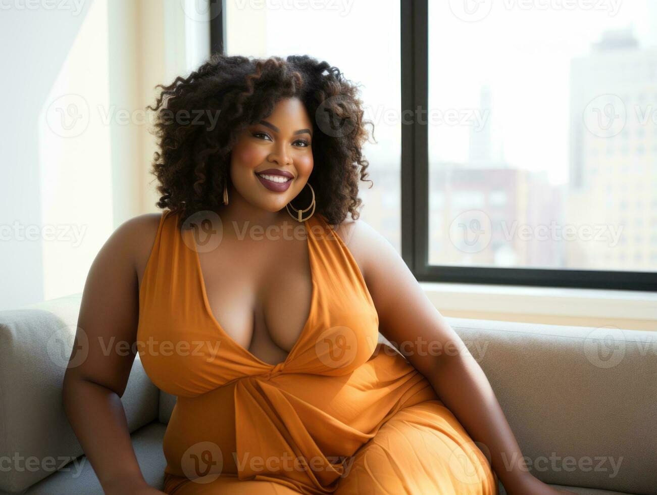 Successful plus-size entrepreneur at her desk AI Generative photo