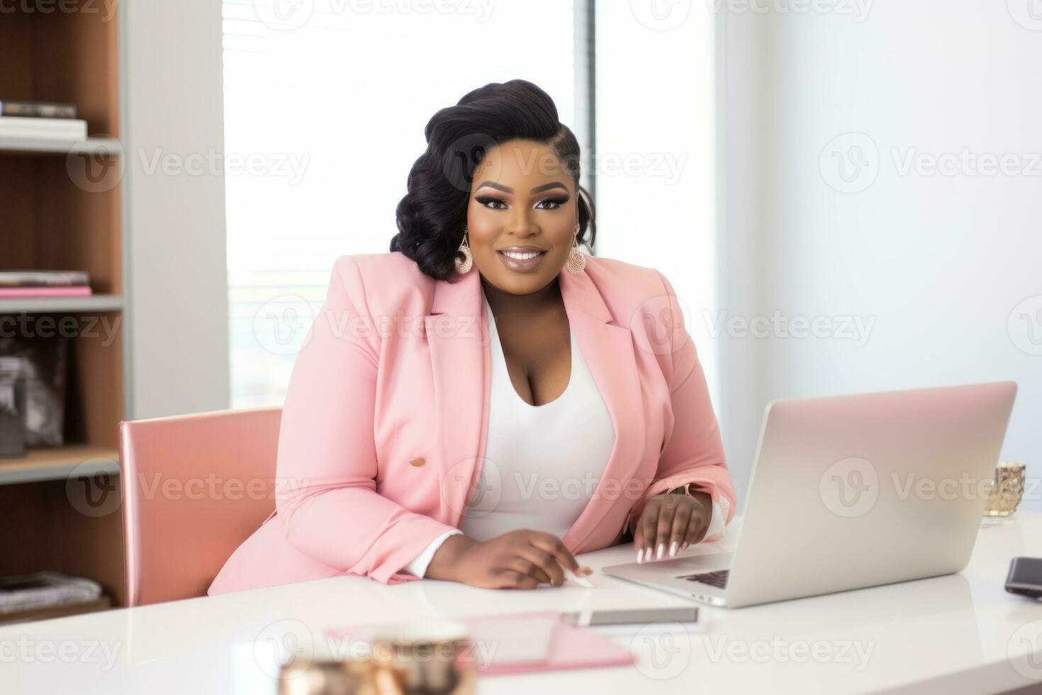 Successful plus-size entrepreneur at her desk AI Generative photo