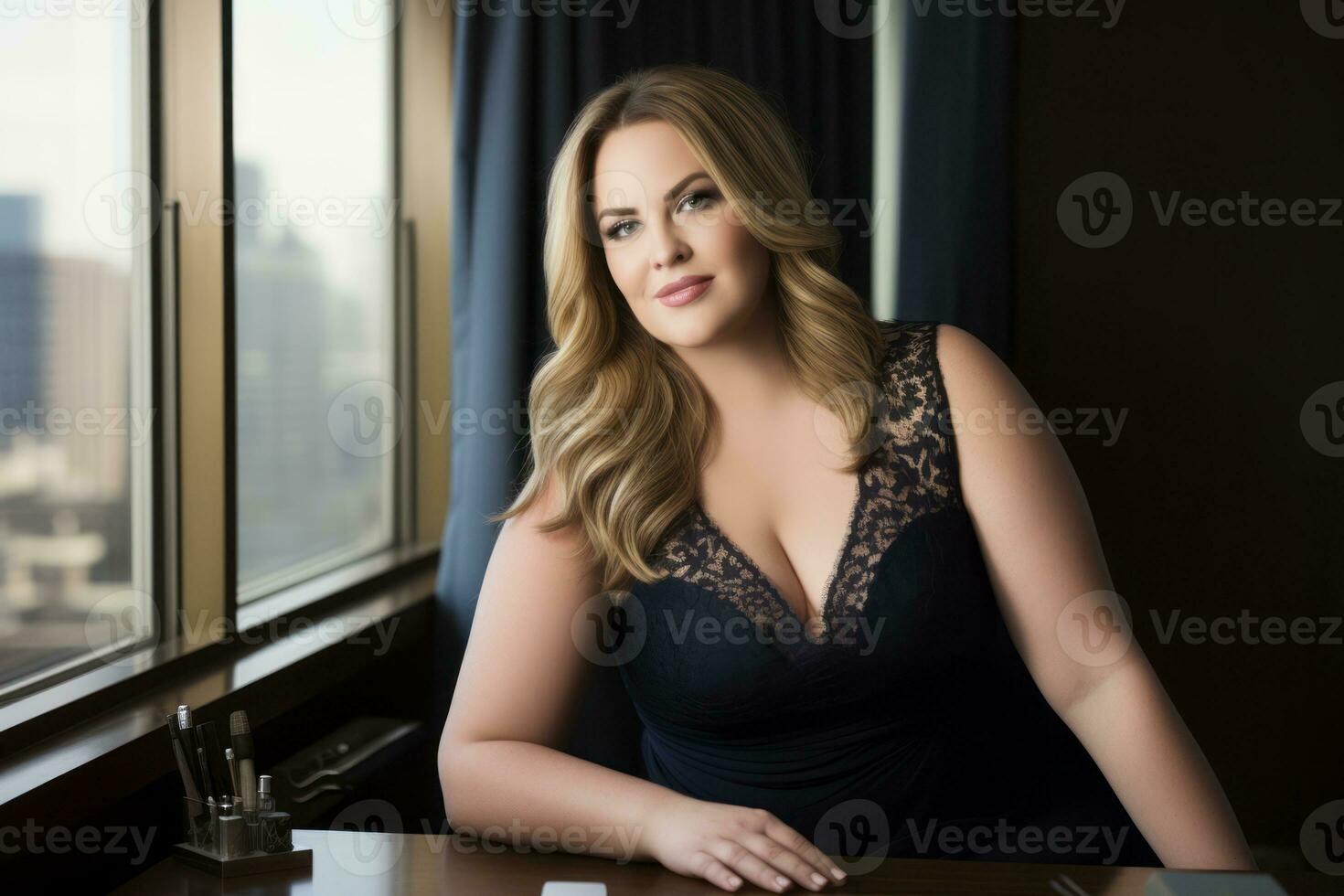 Successful plus-size entrepreneur at her desk AI Generative photo