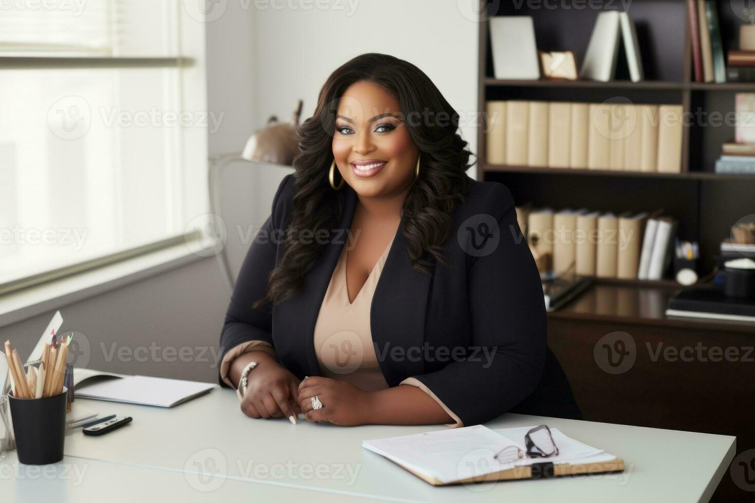 Successful plus-size entrepreneur at her desk AI Generative photo