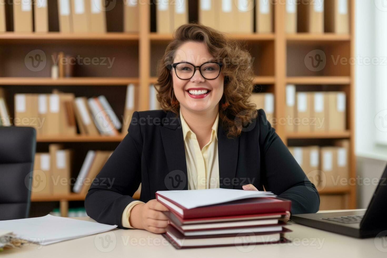 Successful plus-size entrepreneur at her desk AI Generative photo