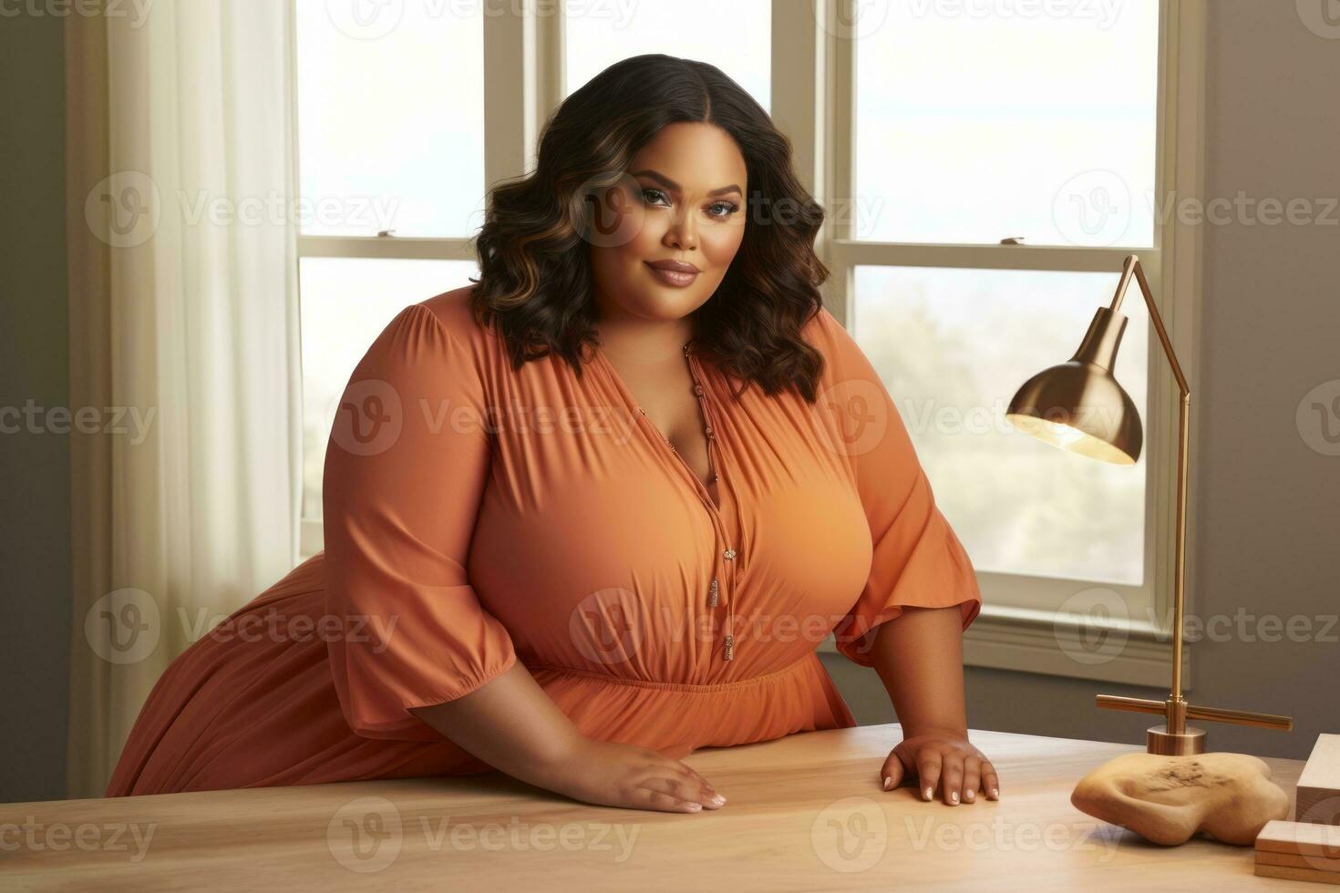 Successful plus-size entrepreneur at her desk AI Generative photo