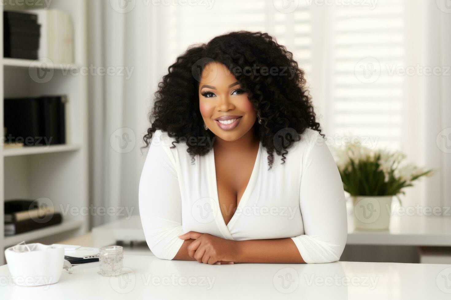 Successful plus-size entrepreneur at her desk AI Generative photo