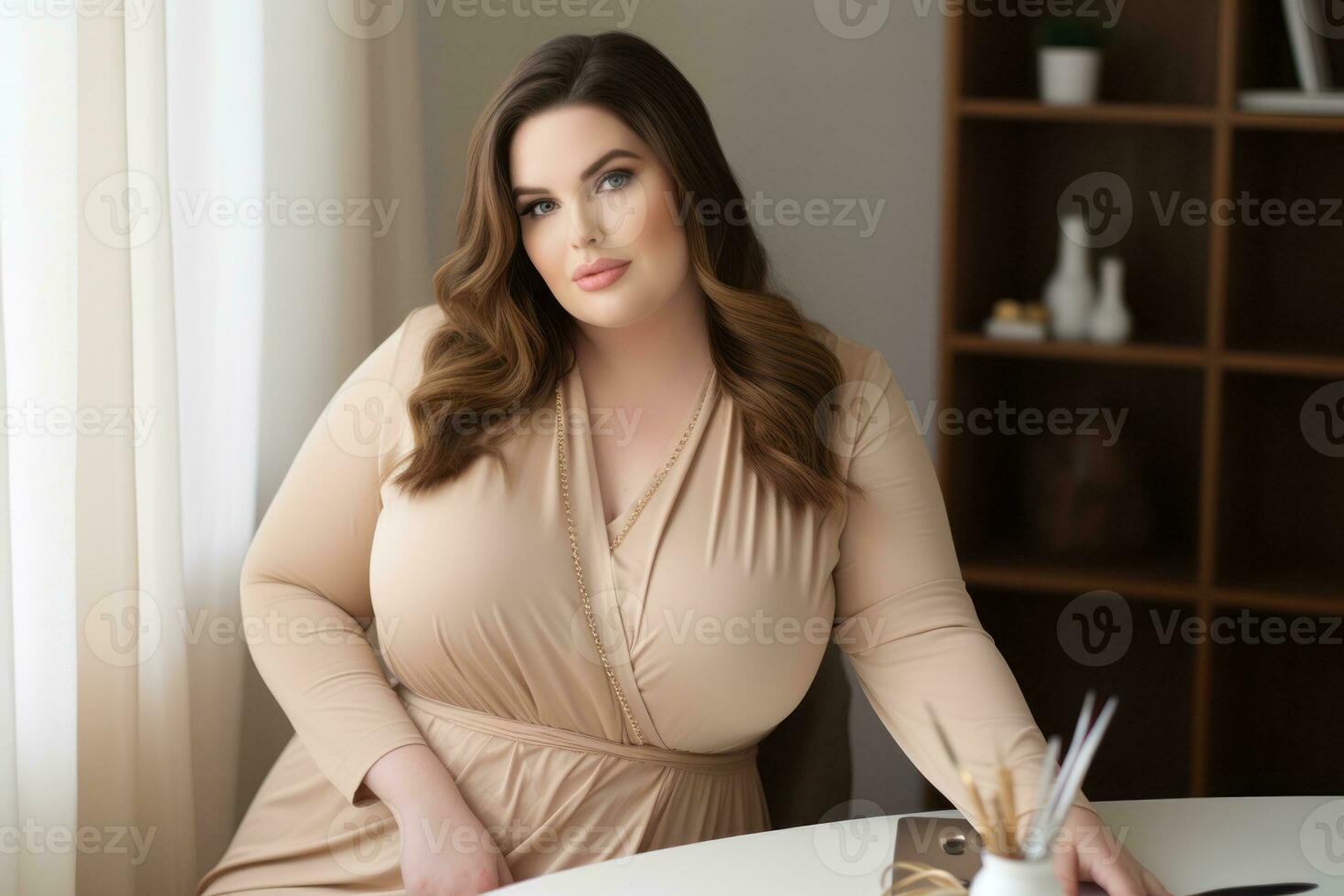 Successful plus-size entrepreneur at her desk AI Generative photo