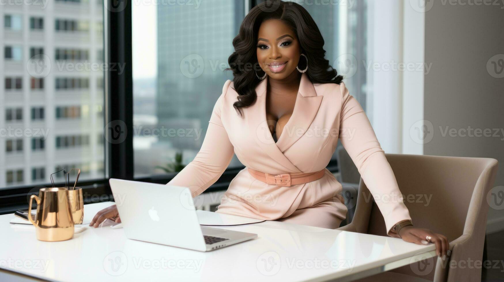 Successful plus-size entrepreneur at her desk AI Generative photo