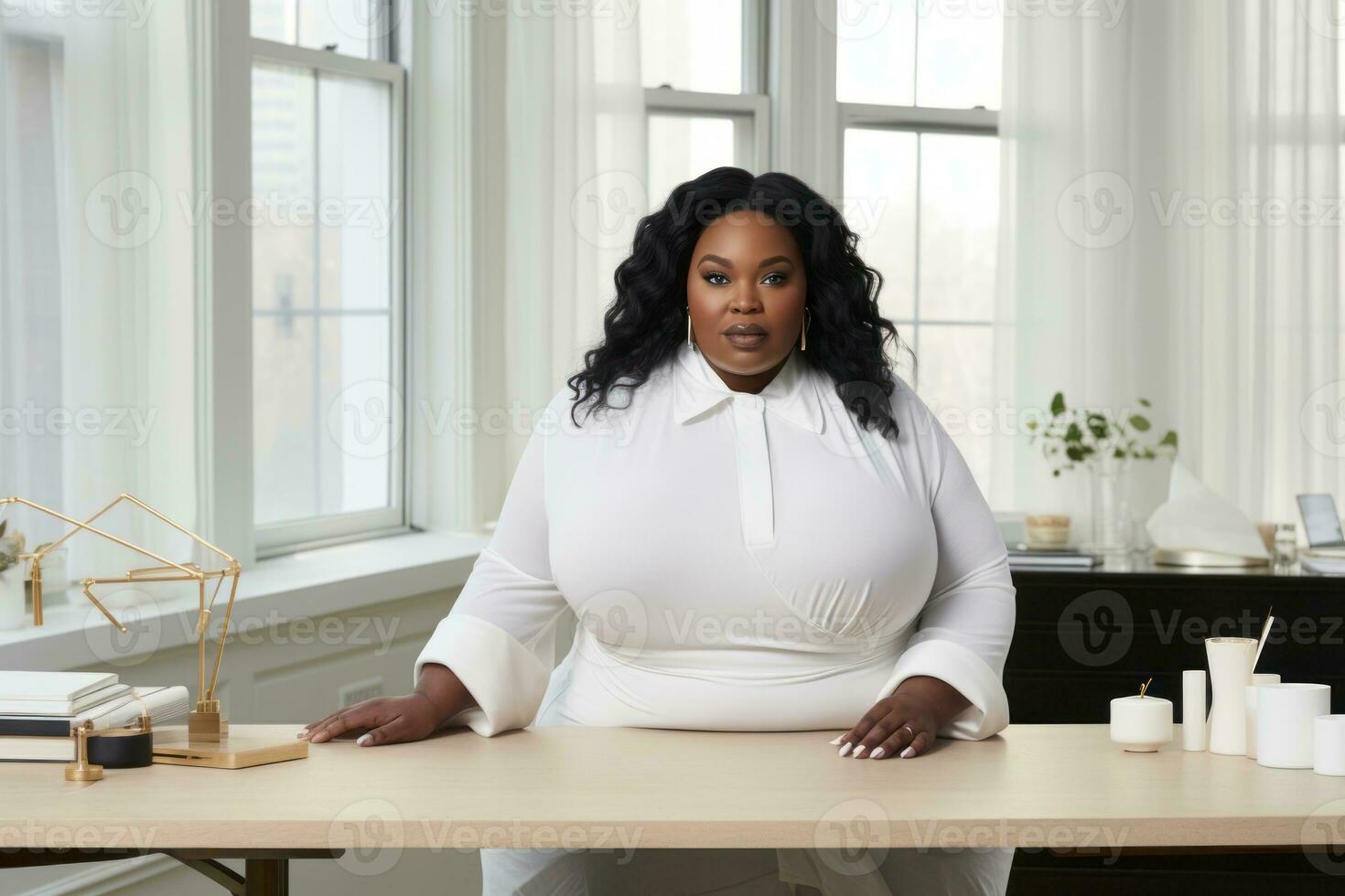 Successful plus-size entrepreneur at her desk AI Generative photo