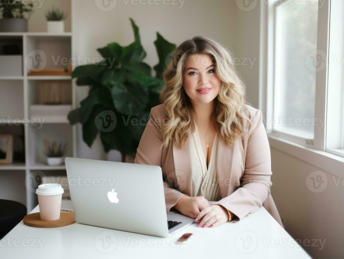 Successful plus-size entrepreneur at her desk AI Generative photo