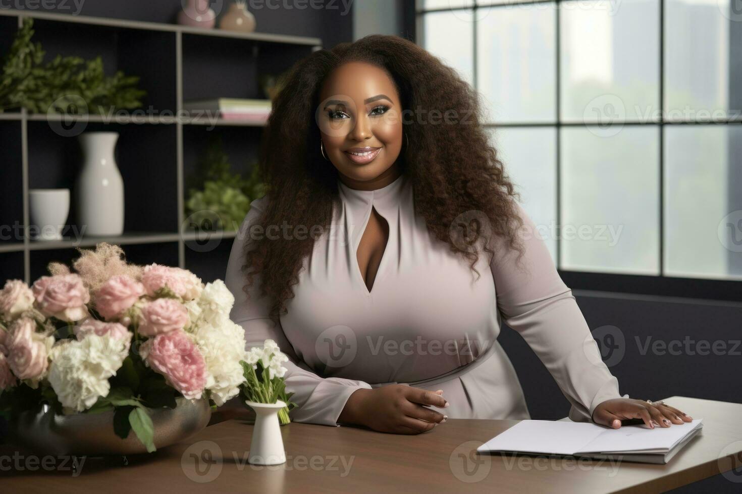 Successful plus-size entrepreneur at her desk AI Generative photo