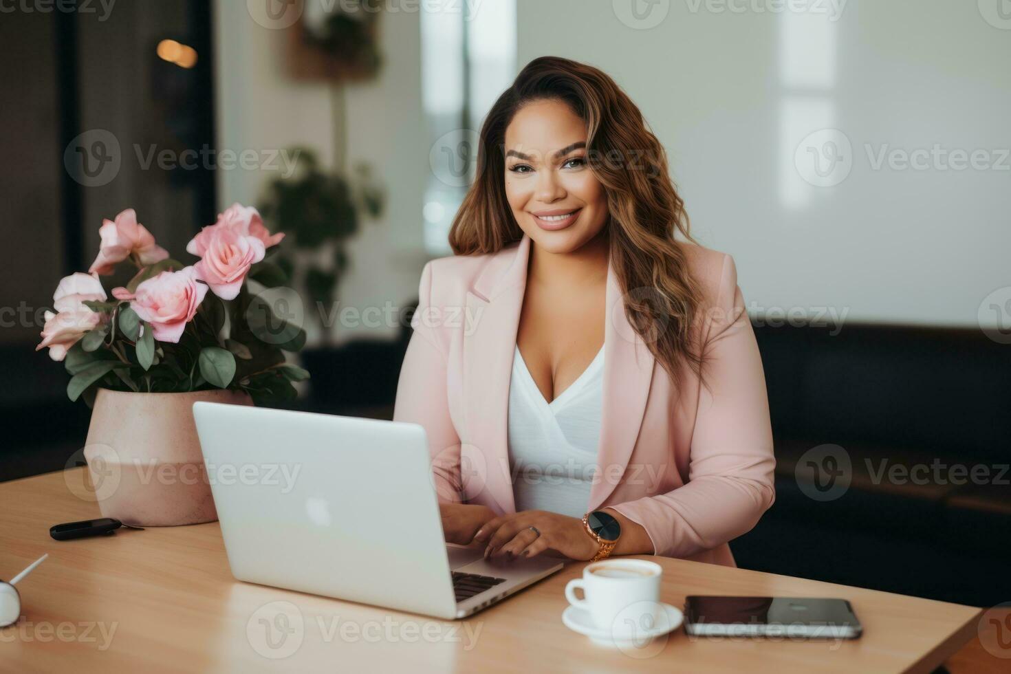 Successful plus-size entrepreneur at her desk AI Generative photo