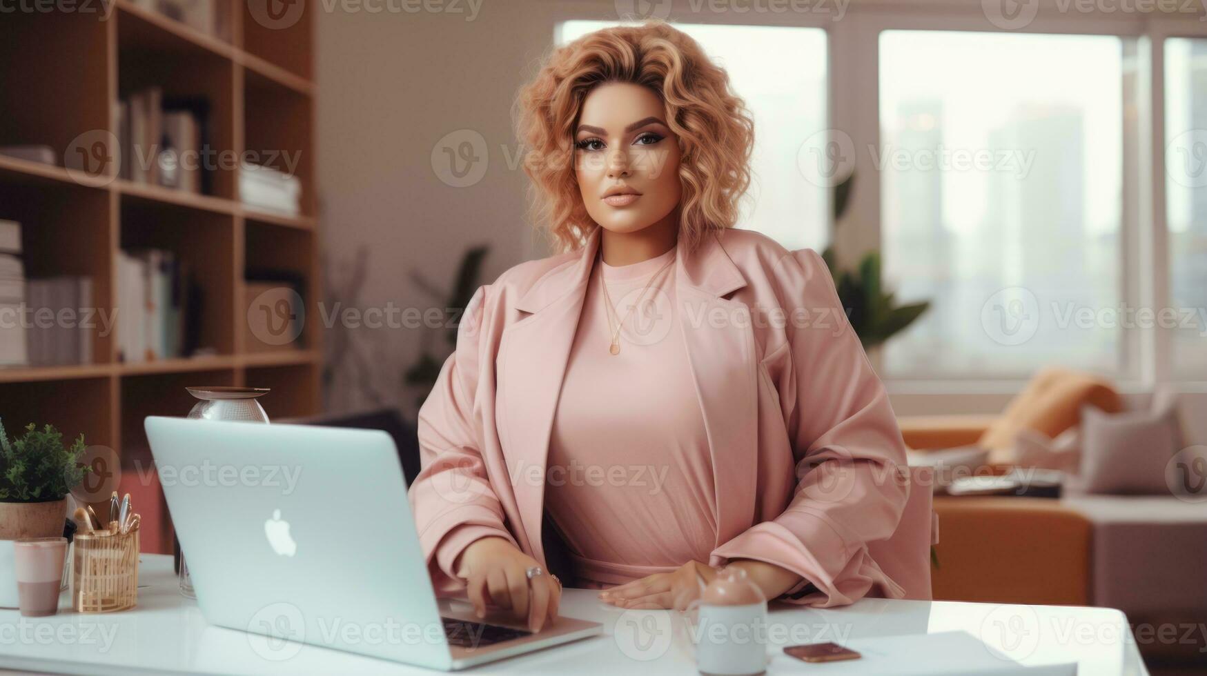 Successful plus-size entrepreneur at her desk AI Generative photo