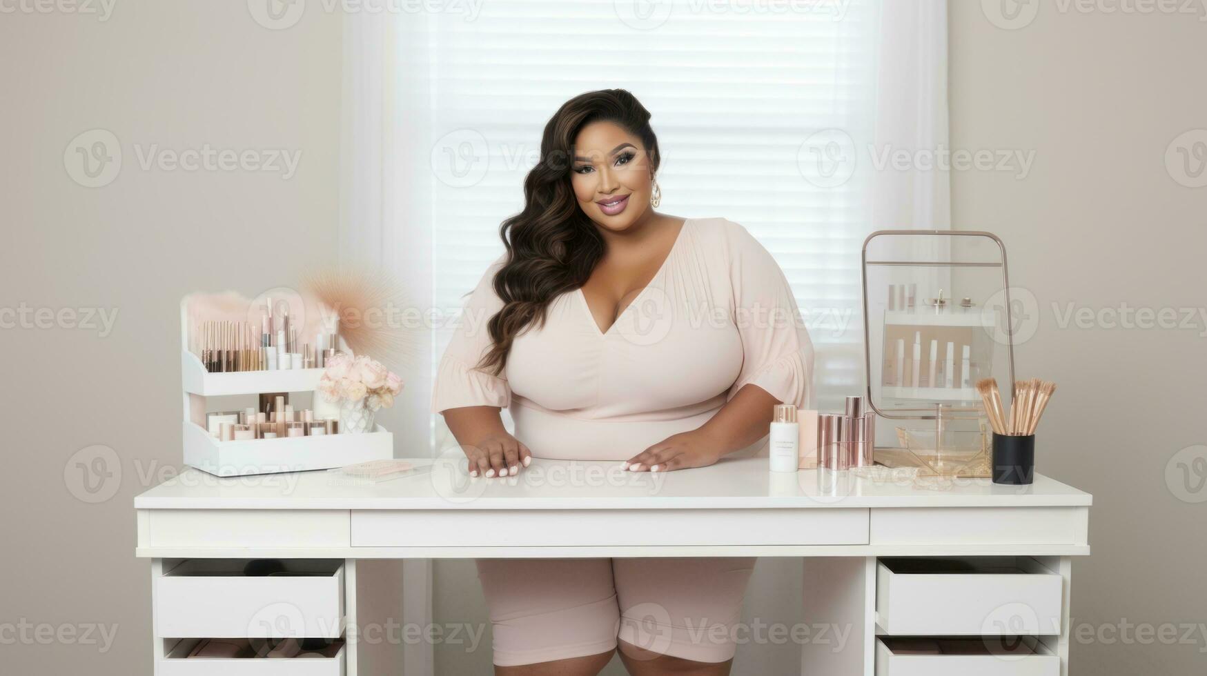 Successful plus-size entrepreneur at her desk AI Generative photo