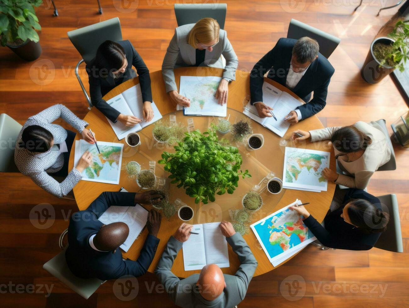 Diverse group of business professionals is engaged in a brainstorming session AI Generative photo