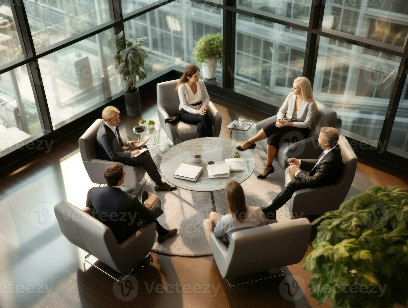 Diverse group of business professionals is engaged in a brainstorming session AI Generative photo