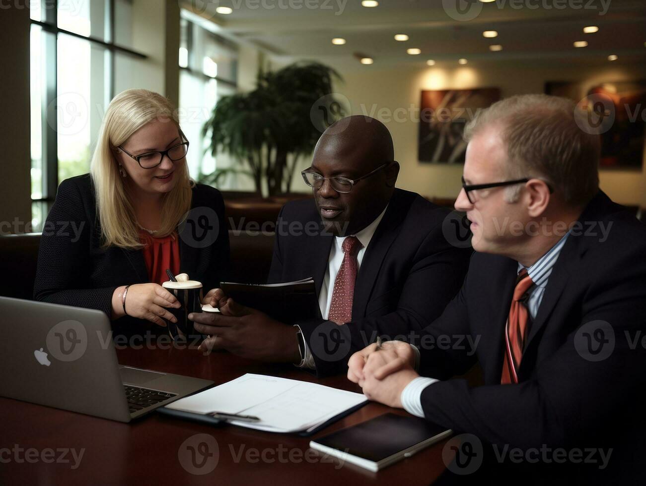 Diverse group of business professionals is engaged in a brainstorming session AI Generative photo