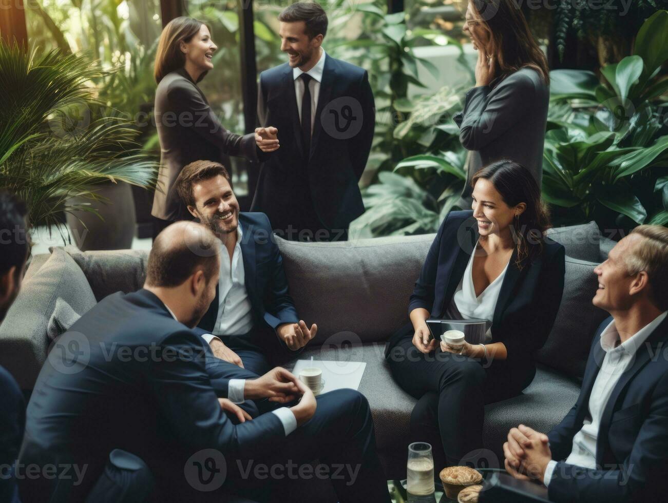 Diverse group of business professionals is engaged in a brainstorming session AI Generative photo