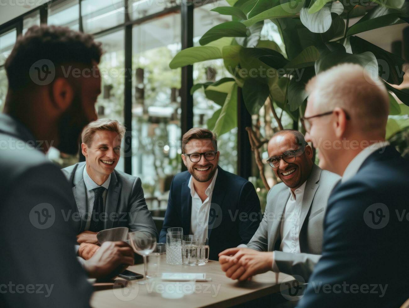 Diverse group of business professionals is engaged in a brainstorming session AI Generative photo